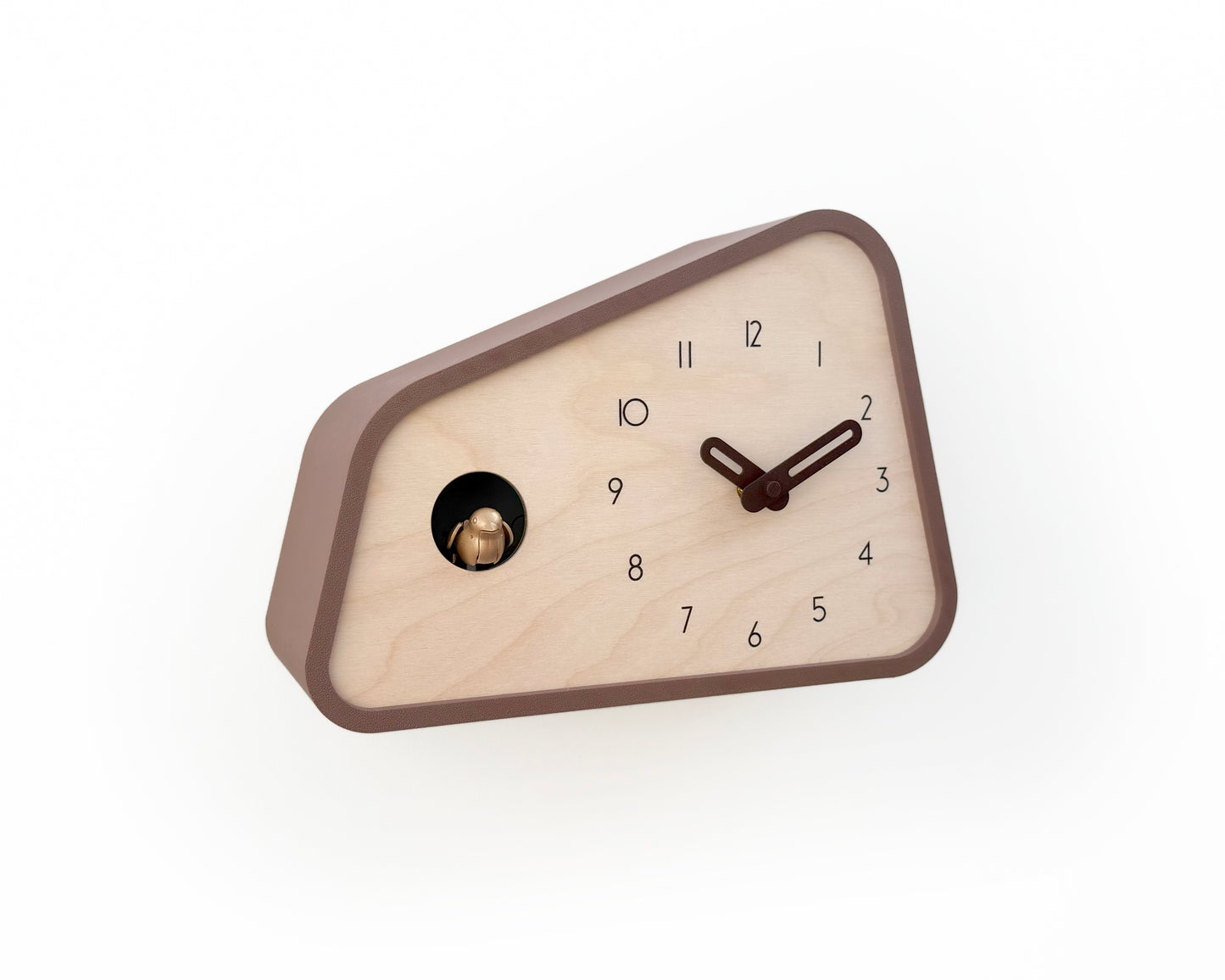 Modern Cuckoo Clock – Light Brown with Brass painted bird and dark brown hands