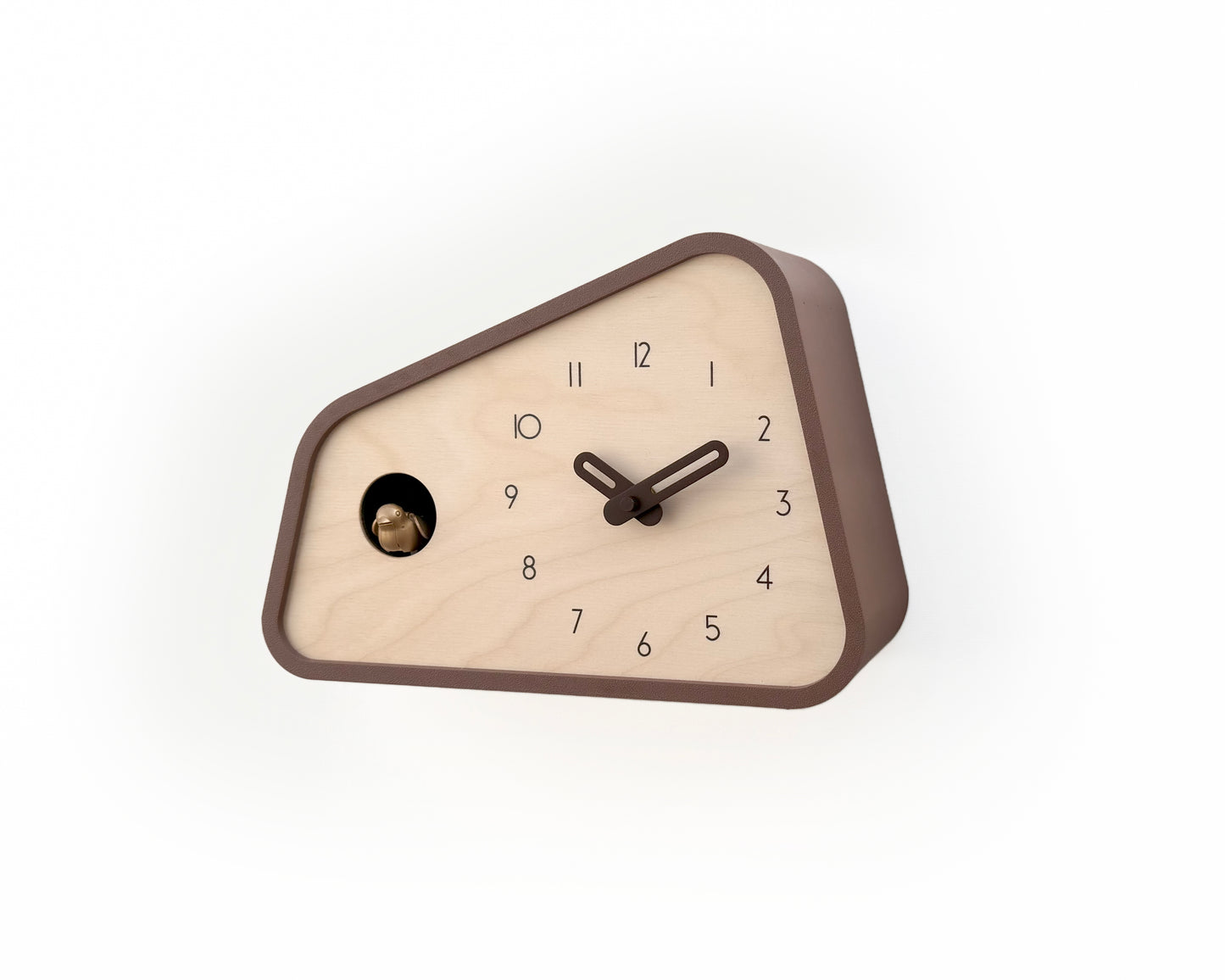 Modern Cuckoo Clock – Light Brown with Brass painted bird and dark brown hands