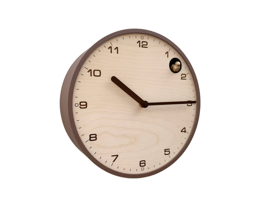 Modern Cuckoo Clock, Light Brown Case, Birch Plywood Face, Engraved Details, Minimal Wall Decor