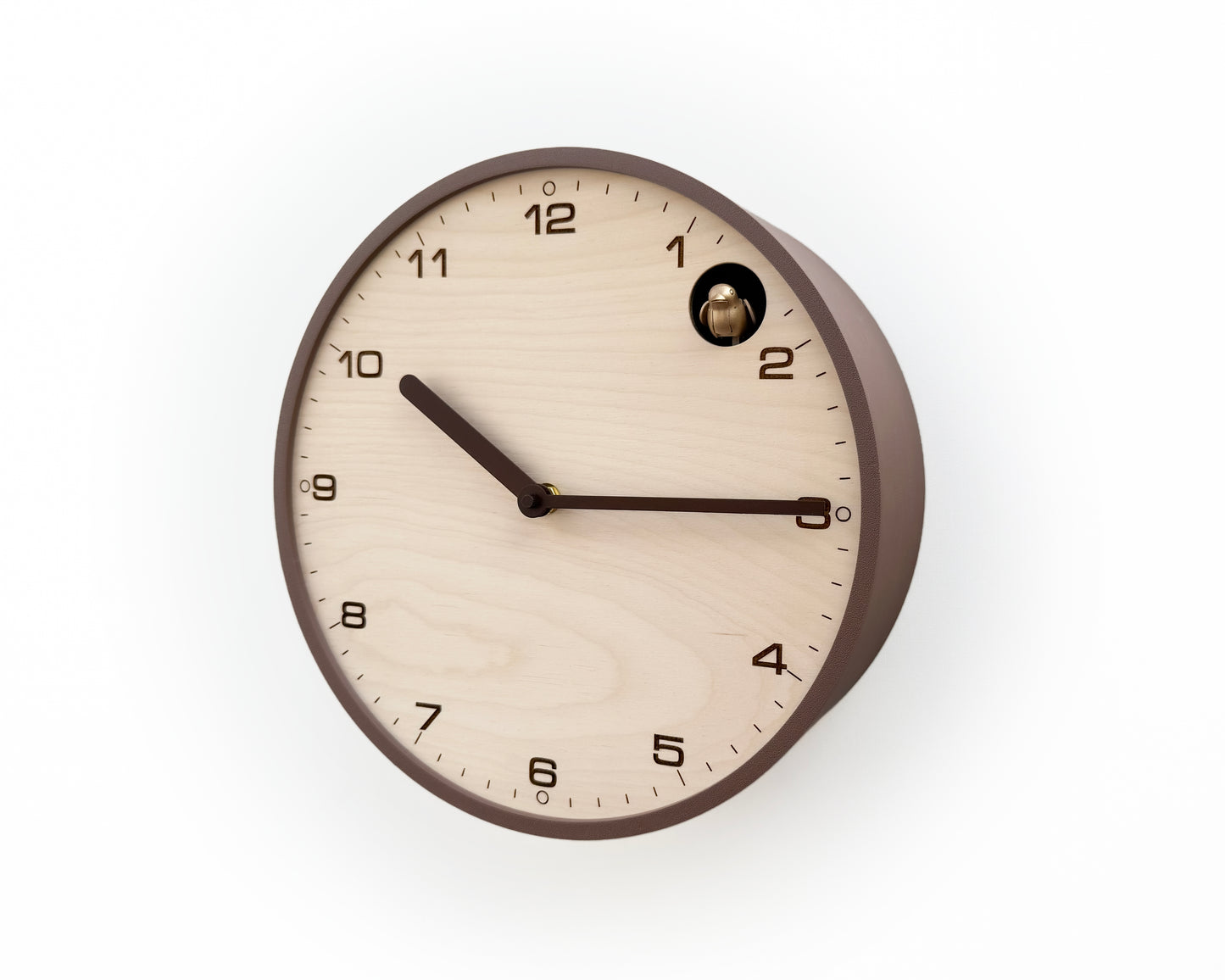 Modern Cuckoo Clock, Light Brown Case, Birch Plywood Face, Engraved Details, Minimal Wall Decor
