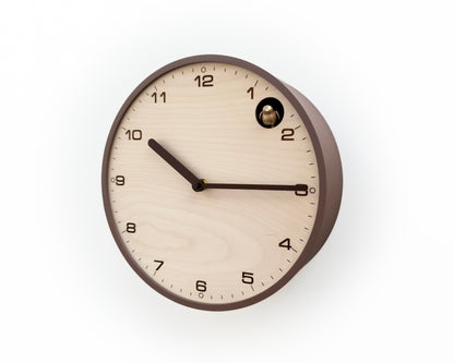 Modern Cuckoo Clock, Light Brown Case, Birch Plywood Face, Engraved Details, Minimal Wall Decor