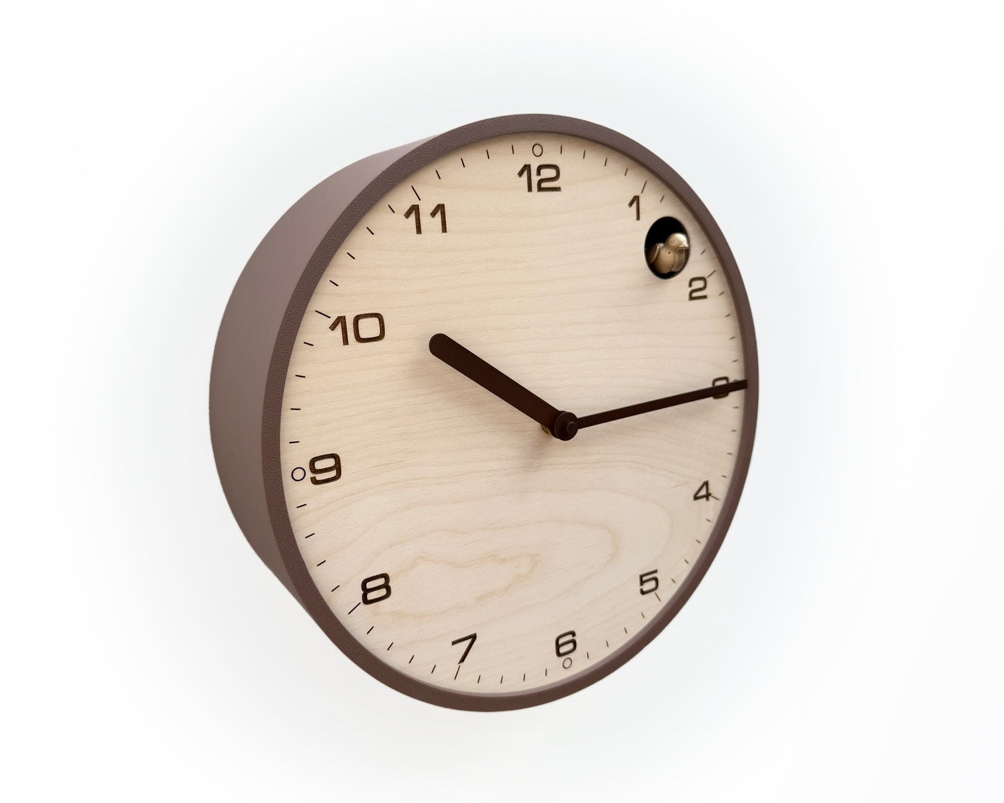 Modern Cuckoo Clock, Light Brown Case, Birch Plywood Face, Engraved Details, Minimal Wall Decor
