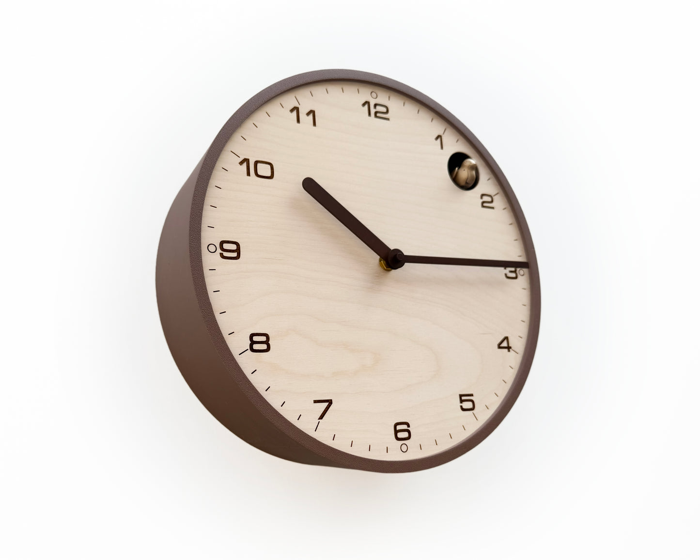 Modern Cuckoo Clock, Light Brown Case, Birch Plywood Face, Engraved Details, Minimal Wall Decor