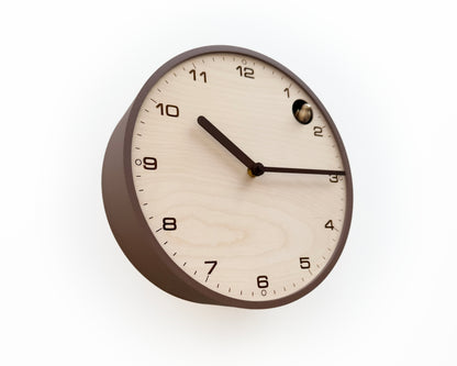 Modern Cuckoo Clock, Light Brown Case, Birch Plywood Face, Engraved Details, Minimal Wall Decor