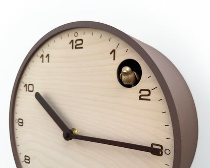 Modern Cuckoo Clock, Light Brown Case, Birch Plywood Face, Engraved Details, Minimal Wall Decor