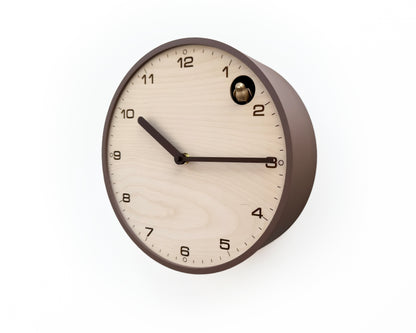 Modern Cuckoo Clock, Light Brown Case, Birch Plywood Face, Engraved Details, Minimal Wall Decor