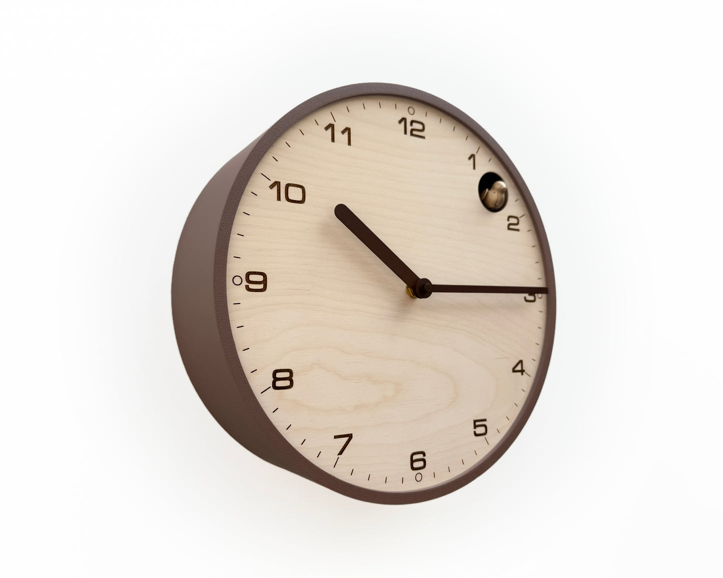 Modern Cuckoo Clock, Light Brown Case, Birch Plywood Face, Engraved Details, Minimal Wall Decor