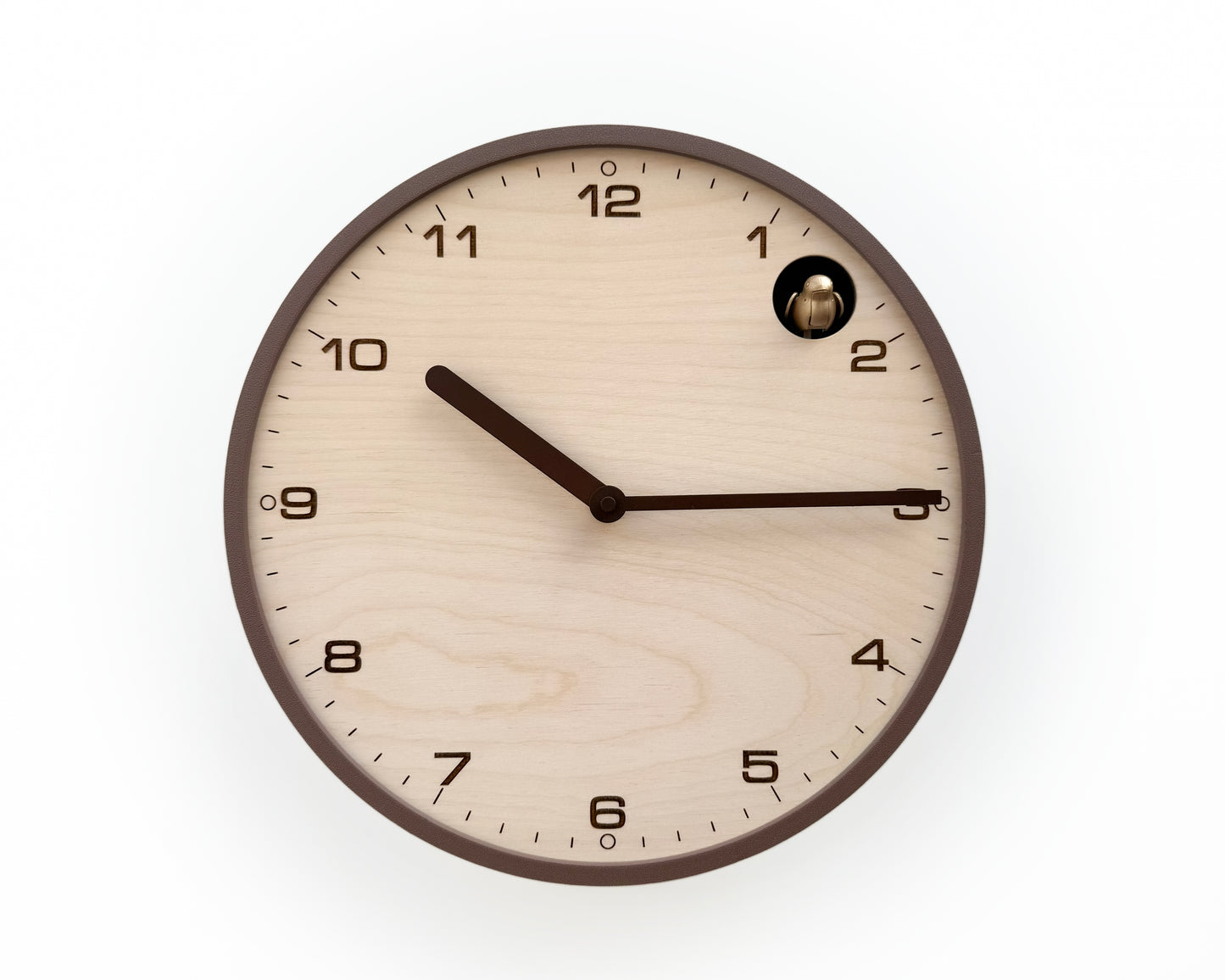 Modern Cuckoo Clock, Light Brown Case, Birch Plywood Face, Engraved Details, Minimal Wall Decor