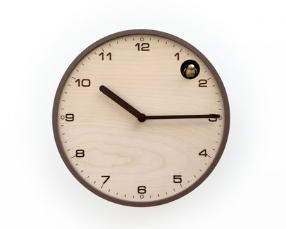 Modern Cuckoo Clock, Light Brown Case, Birch Plywood Face, Engraved Details, Minimal Wall Decor