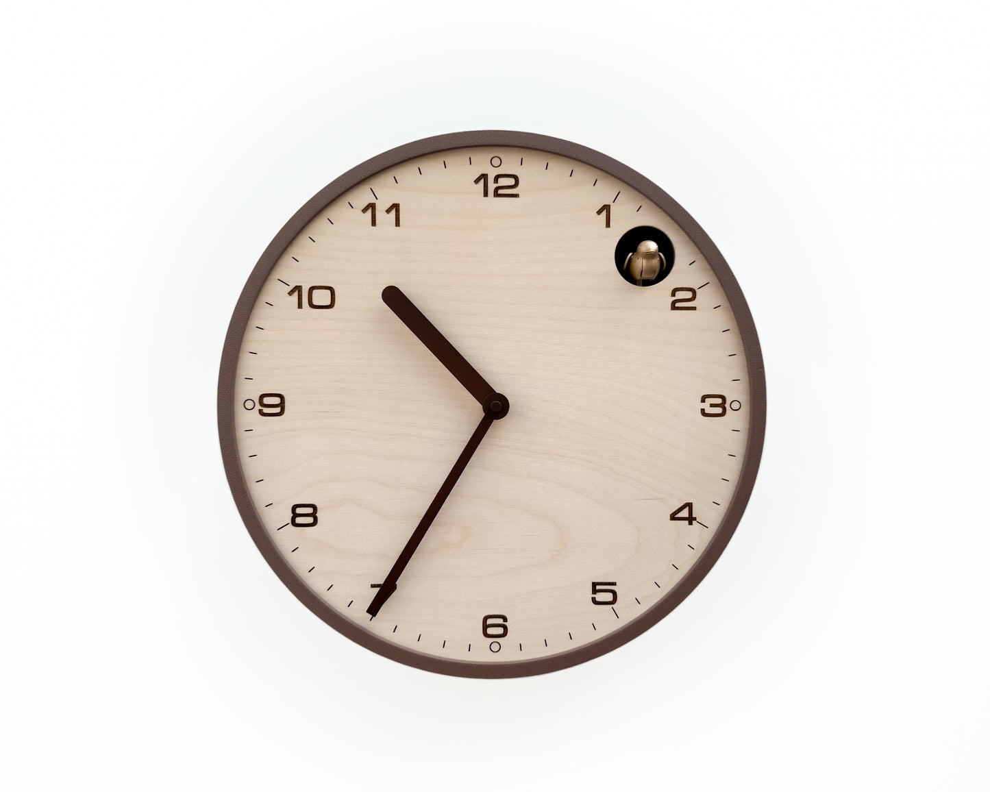 Modern Cuckoo Clock, Light Brown Case, Birch Plywood Face, Engraved Details, Minimal Wall Decor