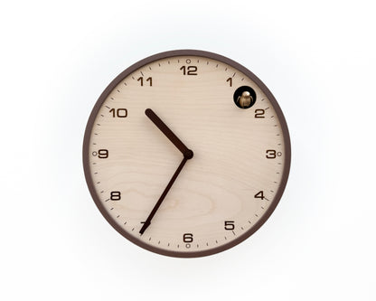 Modern Cuckoo Clock, Light Brown Case, Birch Plywood Face, Engraved Details, Minimal Wall Decor