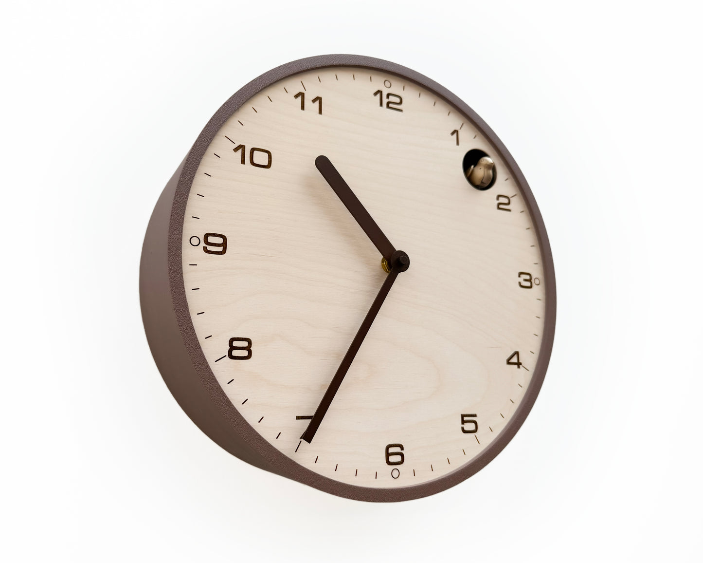 Modern Cuckoo Clock, Light Brown Case, Birch Plywood Face, Engraved Details, Minimal Wall Decor