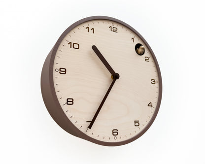 Modern Cuckoo Clock, Light Brown Case, Birch Plywood Face, Engraved Details, Minimal Wall Decor