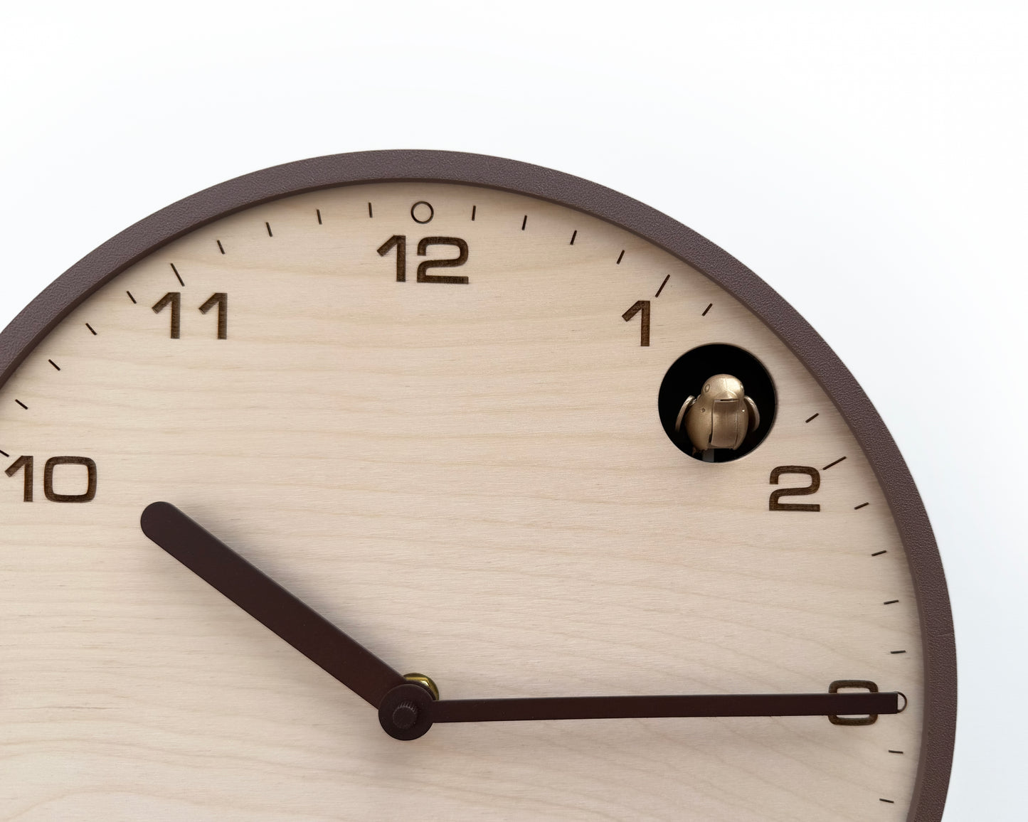 Modern Cuckoo Clock, Light Brown Case, Birch Plywood Face, Engraved Details, Minimal Wall Decor