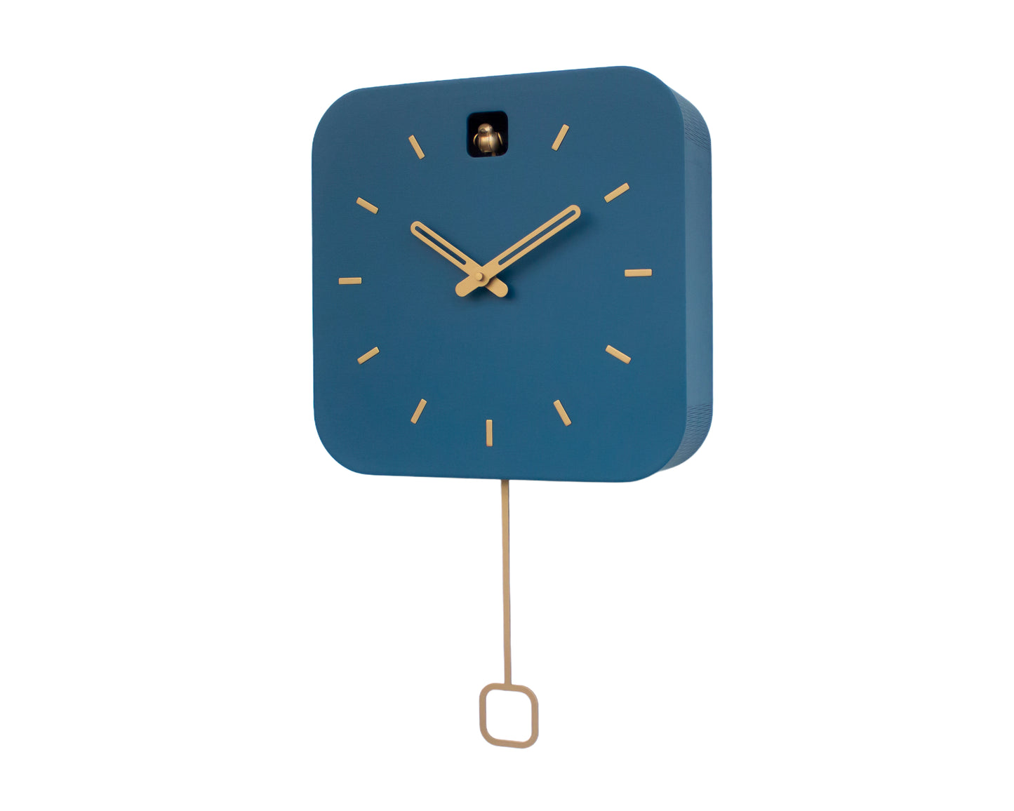Minimalist Cuckoo Clock, Fresco Blue Wall Clock with Brass Details, Modern Home Décor