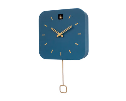 Minimalist Cuckoo Clock, Fresco Blue Wall Clock with Brass Details, Modern Home Décor