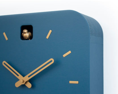 Minimalist Cuckoo Clock, Fresco Blue Wall Clock with Brass Details, Modern Home Décor