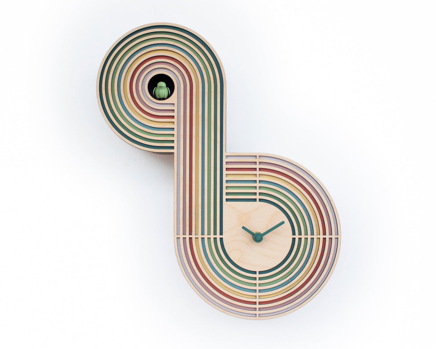 Modern Layered Cuckoo Clock, Colorful Wooden Wall Decor, Sculptural Design