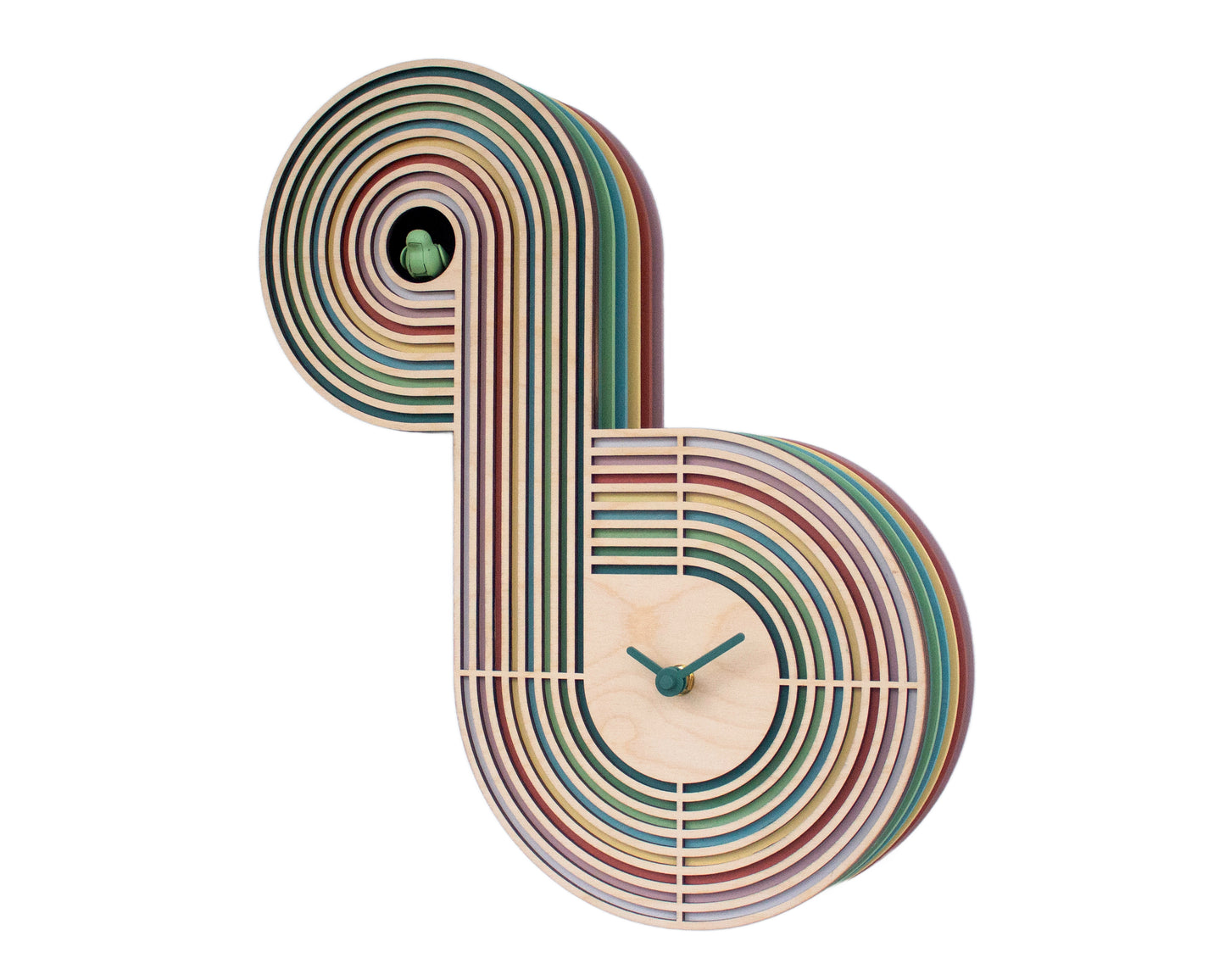 Modern Layered Cuckoo Clock, Colorful Wooden Wall Decor, Sculptural Design