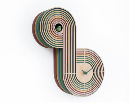 Modern Layered Cuckoo Clock, Colorful Wooden Wall Decor, Sculptural Design