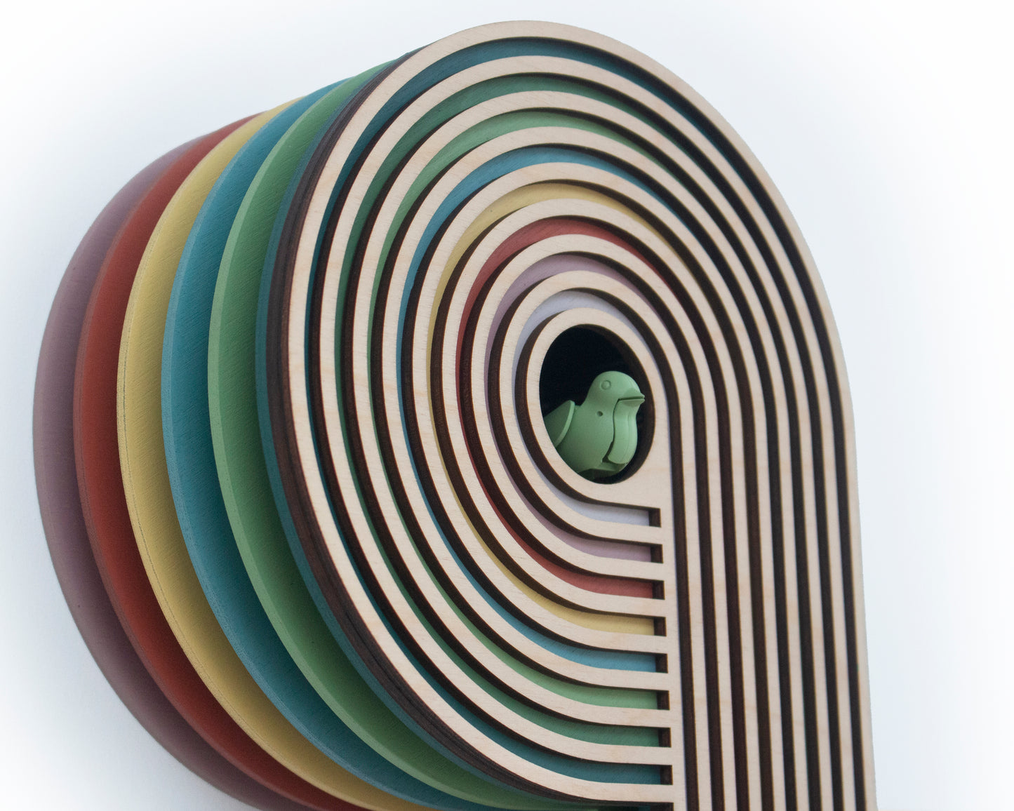 Modern Layered Cuckoo Clock, Colorful Wooden Wall Decor, Sculptural Design