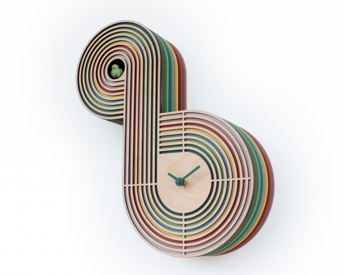 Modern Layered Cuckoo Clock, Colorful Wooden Wall Decor, Sculptural Design