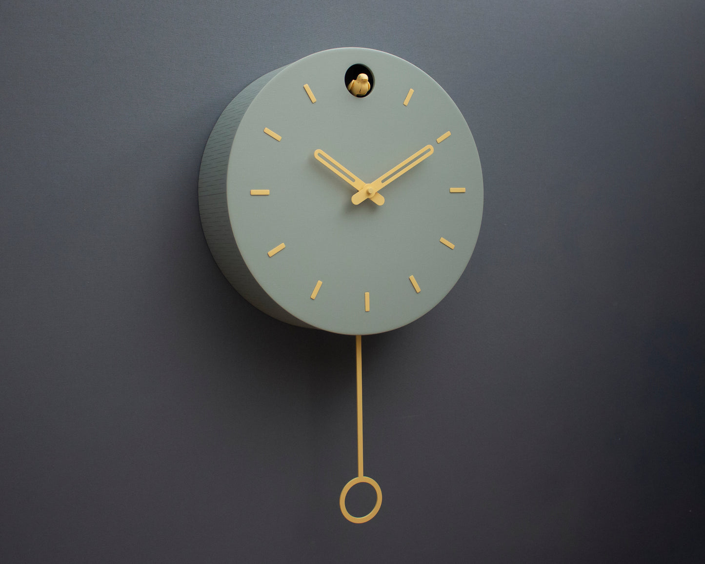 Linden Green Cuckoo Clock, Saffron Details, Minimalist Wall Decor, Modern Wooden Design