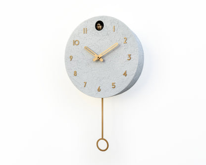 White Concrete Cuckoo Clock – Minimalist Wall Decor, Brass Details, Optional Pendulum