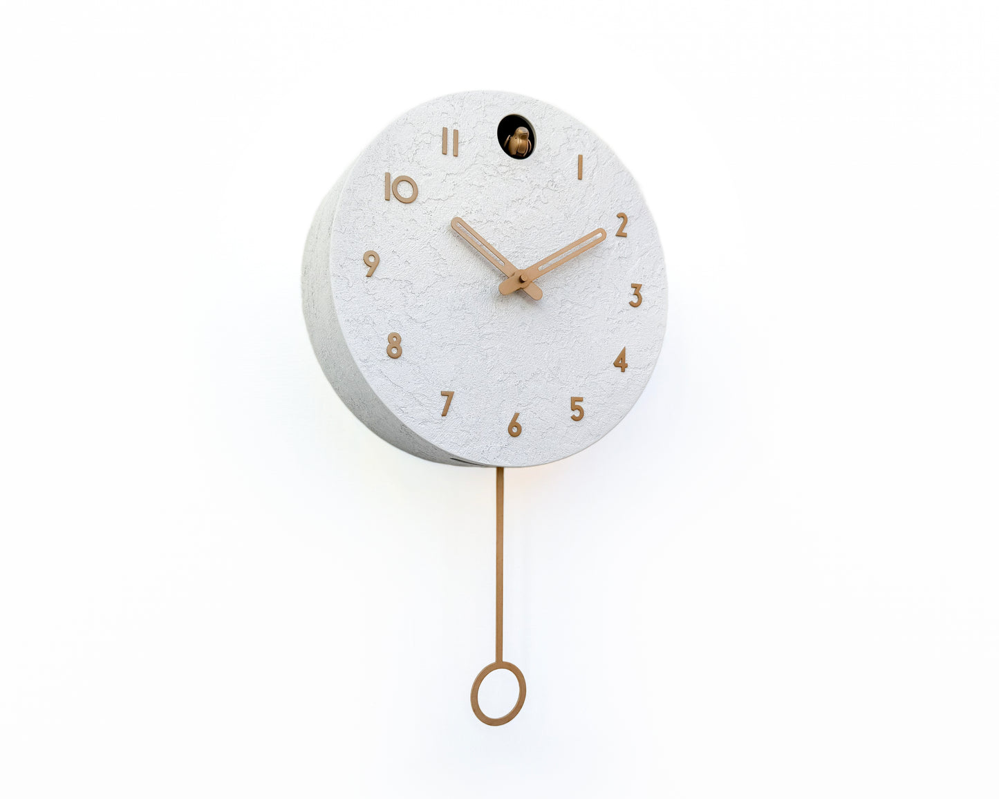 White Concrete Cuckoo Clock – Minimalist Wall Decor, Brass Details, Optional Pendulum