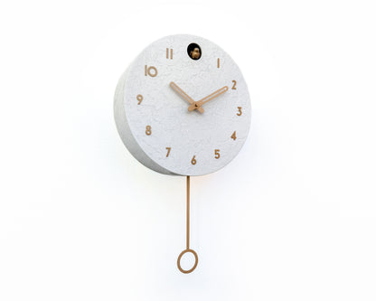 White Concrete Cuckoo Clock – Minimalist Wall Decor, Brass Details, Optional Pendulum