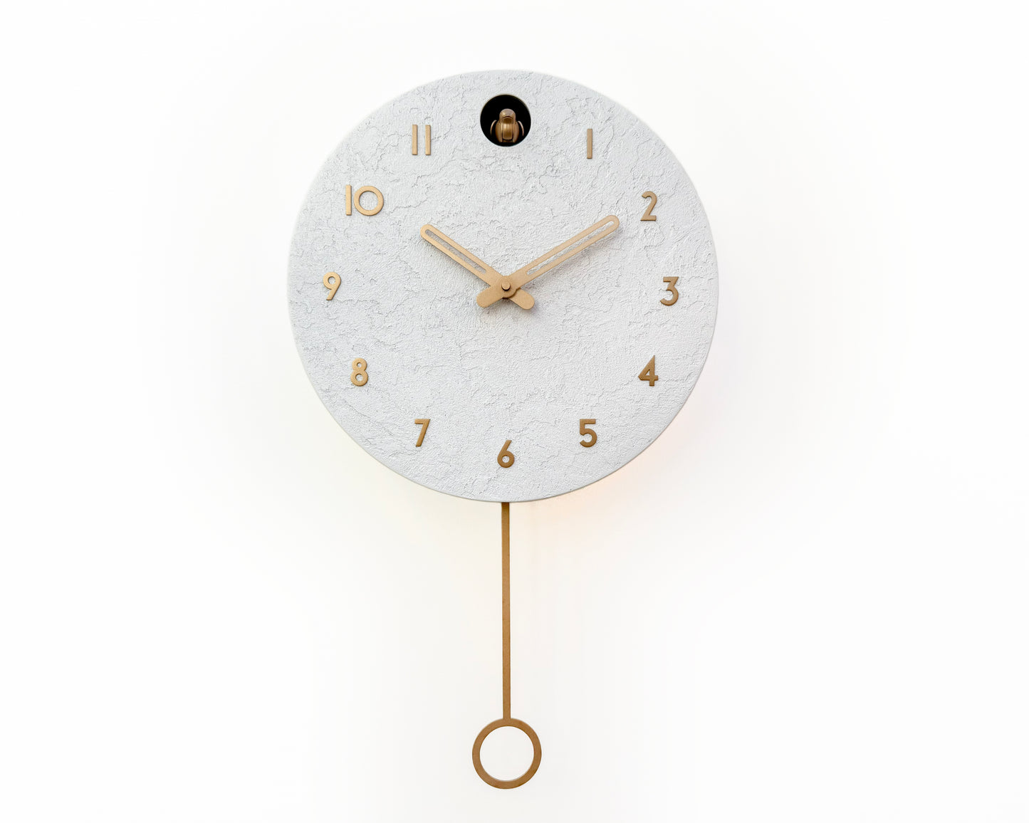 White Concrete Cuckoo Clock – Minimalist Wall Decor, Brass Details, Optional Pendulum