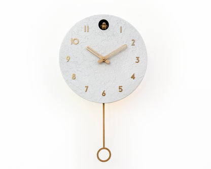 White Concrete Cuckoo Clock – Minimalist Wall Decor, Brass Details, Optional Pendulum