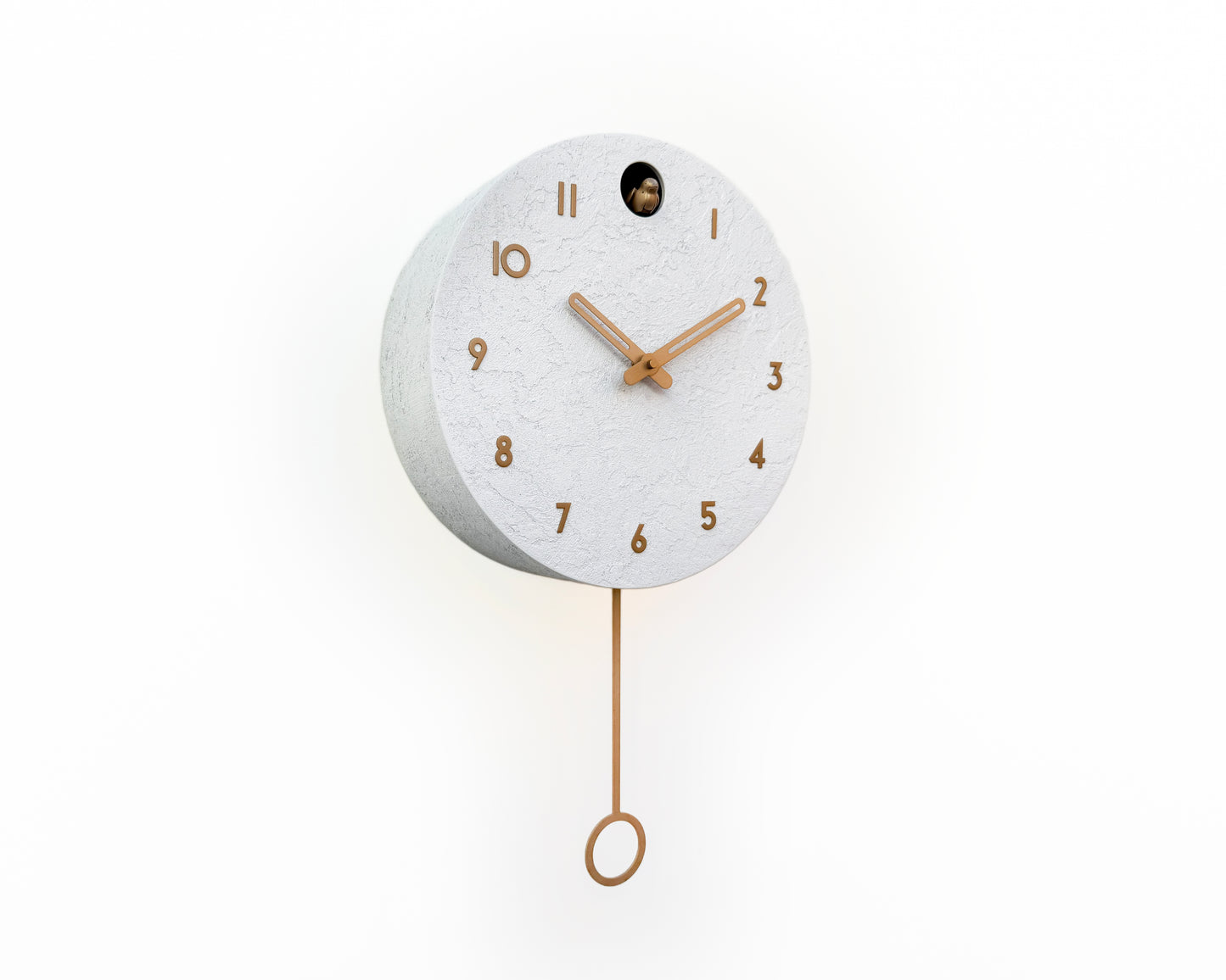 White Concrete Cuckoo Clock – Minimalist Wall Decor, Brass Details, Optional Pendulum