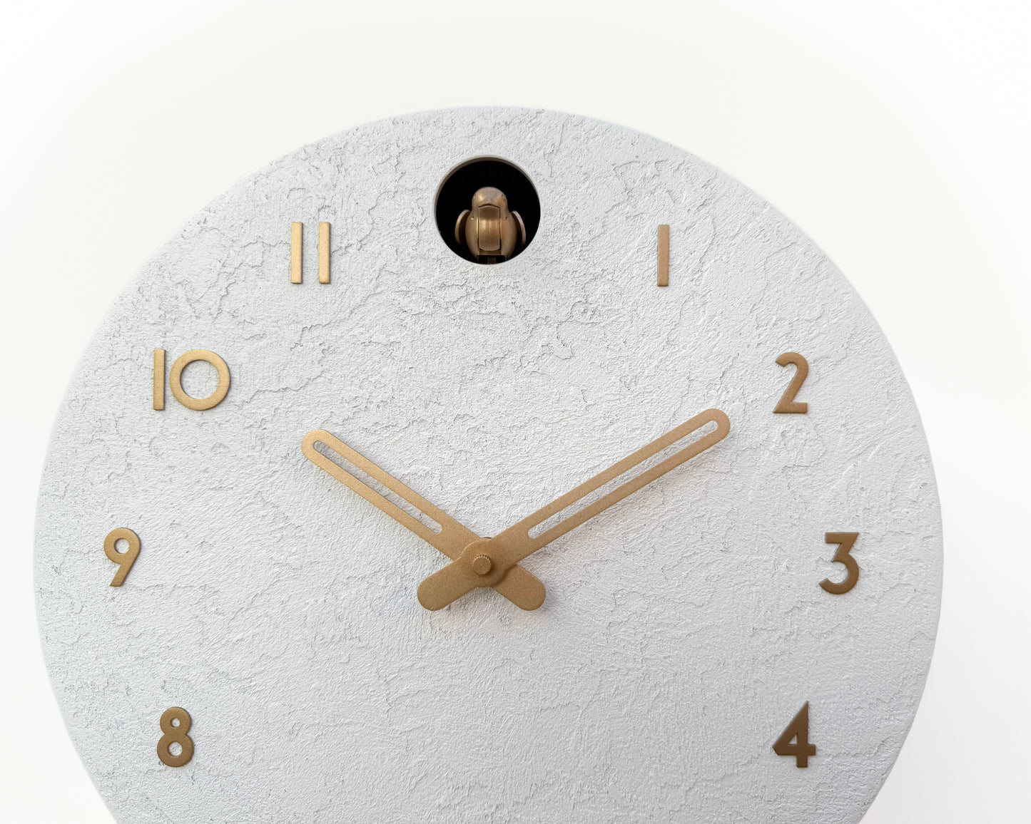 White Concrete Cuckoo Clock – Minimalist Wall Decor, Brass Details, Optional Pendulum