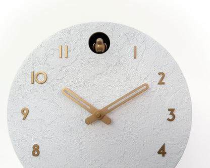 White Concrete Cuckoo Clock – Minimalist Wall Decor, Brass Details, Optional Pendulum