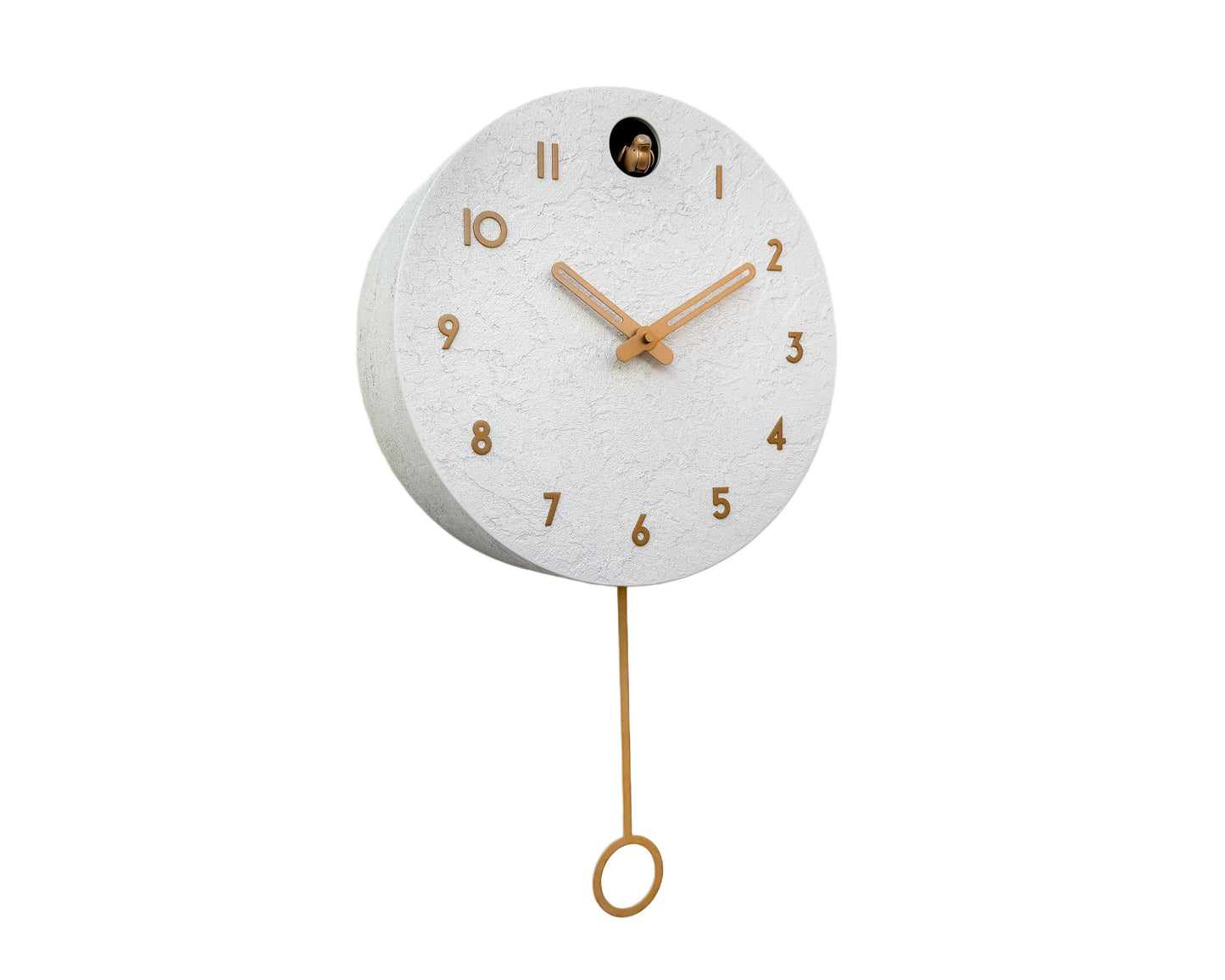 White Concrete Cuckoo Clock – Minimalist Wall Decor, Brass Details, Optional Pendulum