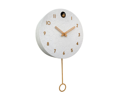 White Concrete Cuckoo Clock – Minimalist Wall Decor, Brass Details, Optional Pendulum