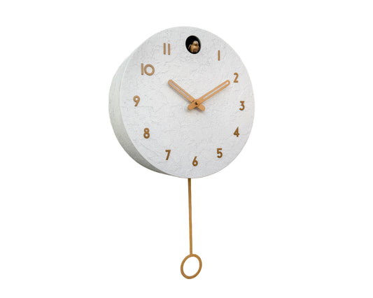 White Concrete Cuckoo Clock – Minimalist Wall Decor, Brass Details, Optional Pendulum