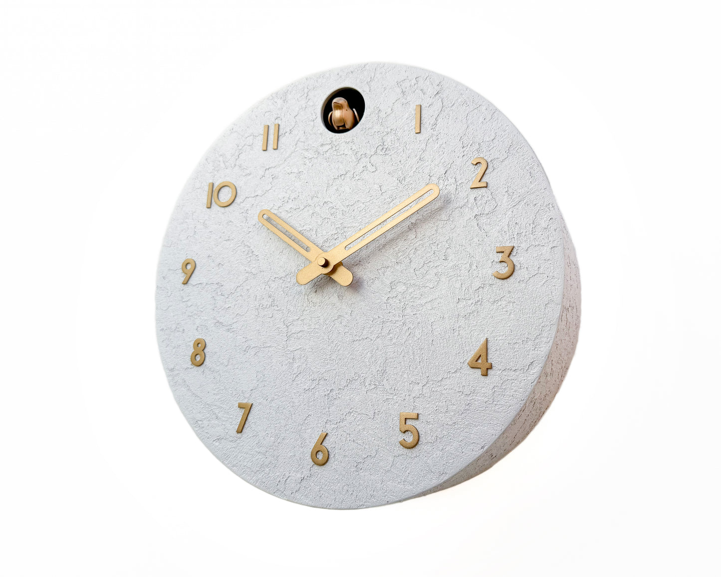 White Concrete Cuckoo Clock – Minimalist Wall Decor, Brass Details, Optional Pendulum