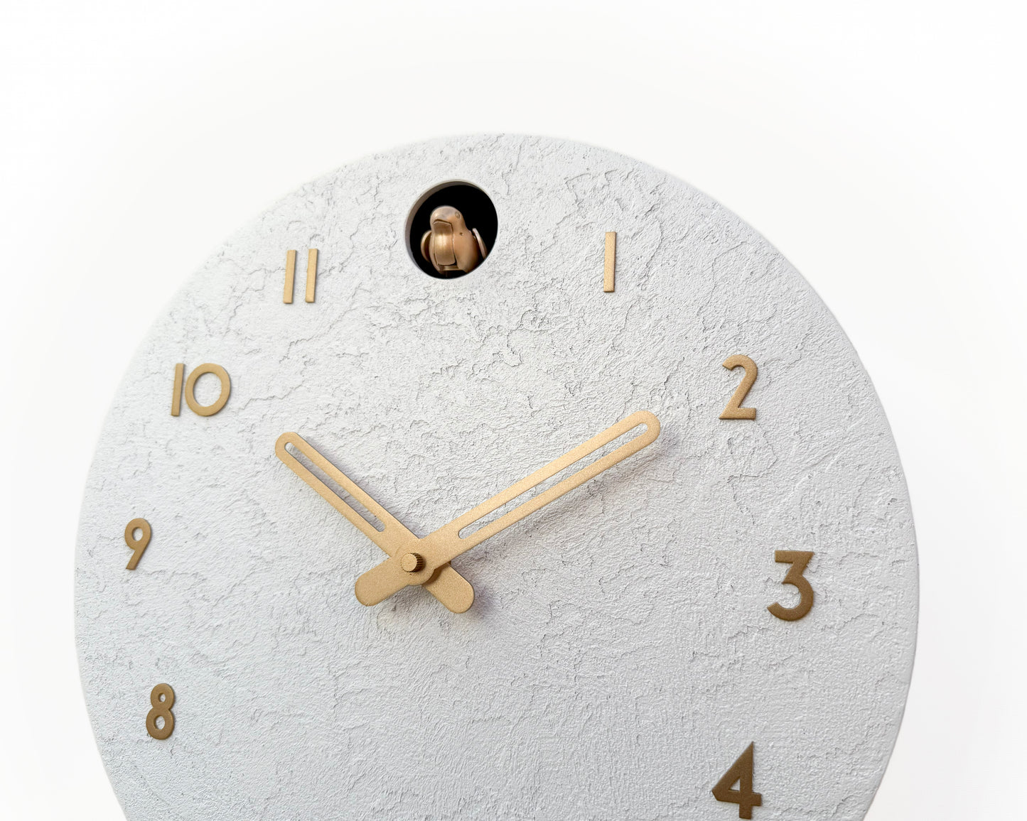 White Concrete Cuckoo Clock – Minimalist Wall Decor, Brass Details, Optional Pendulum