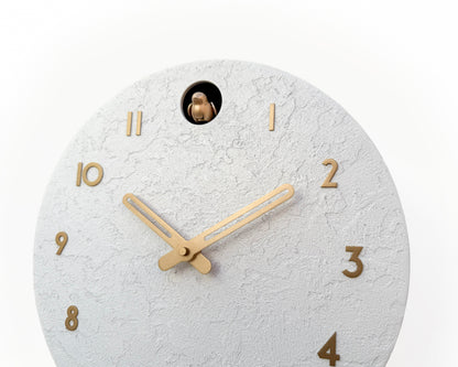 White Concrete Cuckoo Clock – Minimalist Wall Decor, Brass Details, Optional Pendulum