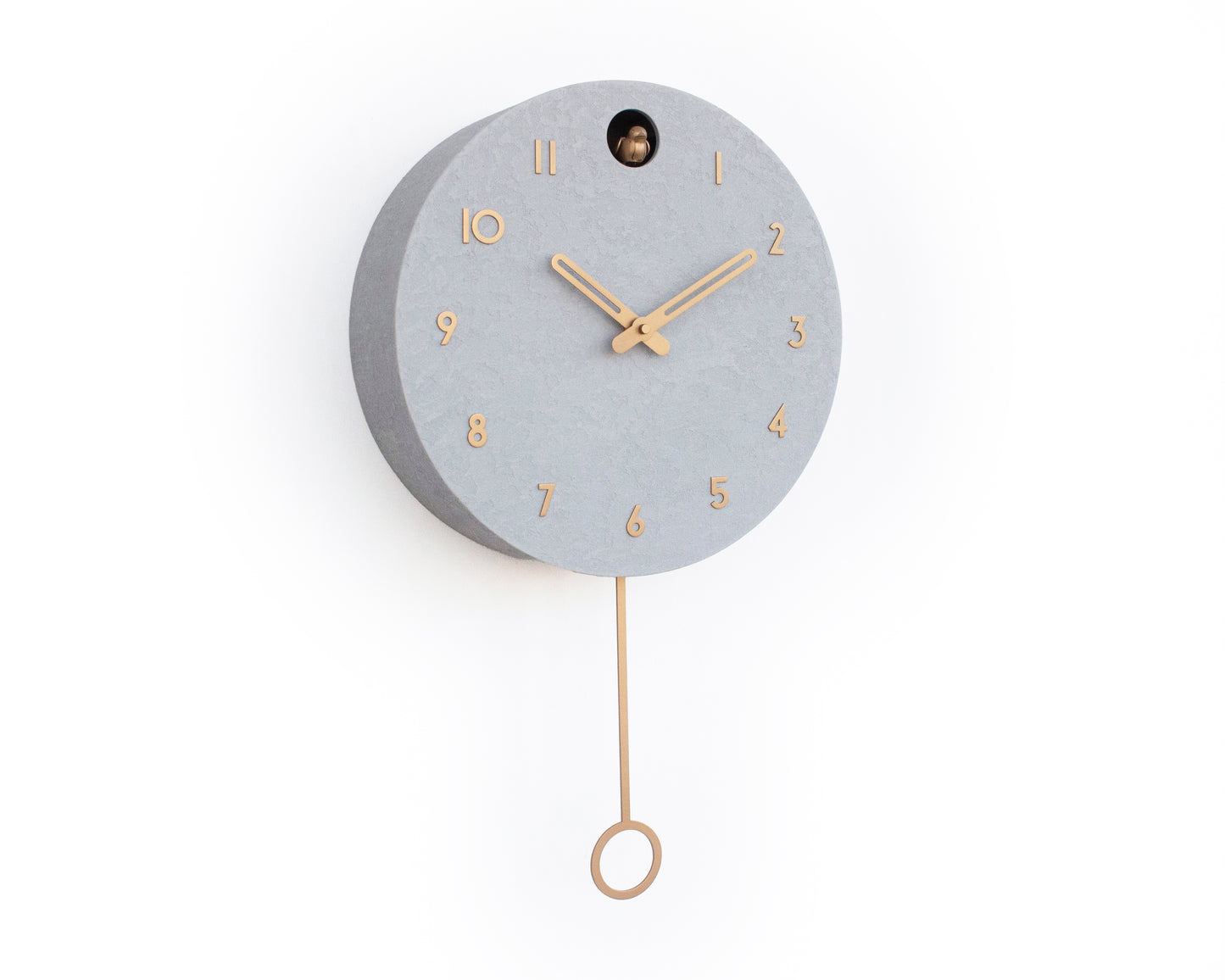 Modern Cuckoo Clock Concrete Look – Minimalist Wall Clock, Brass Details Décor