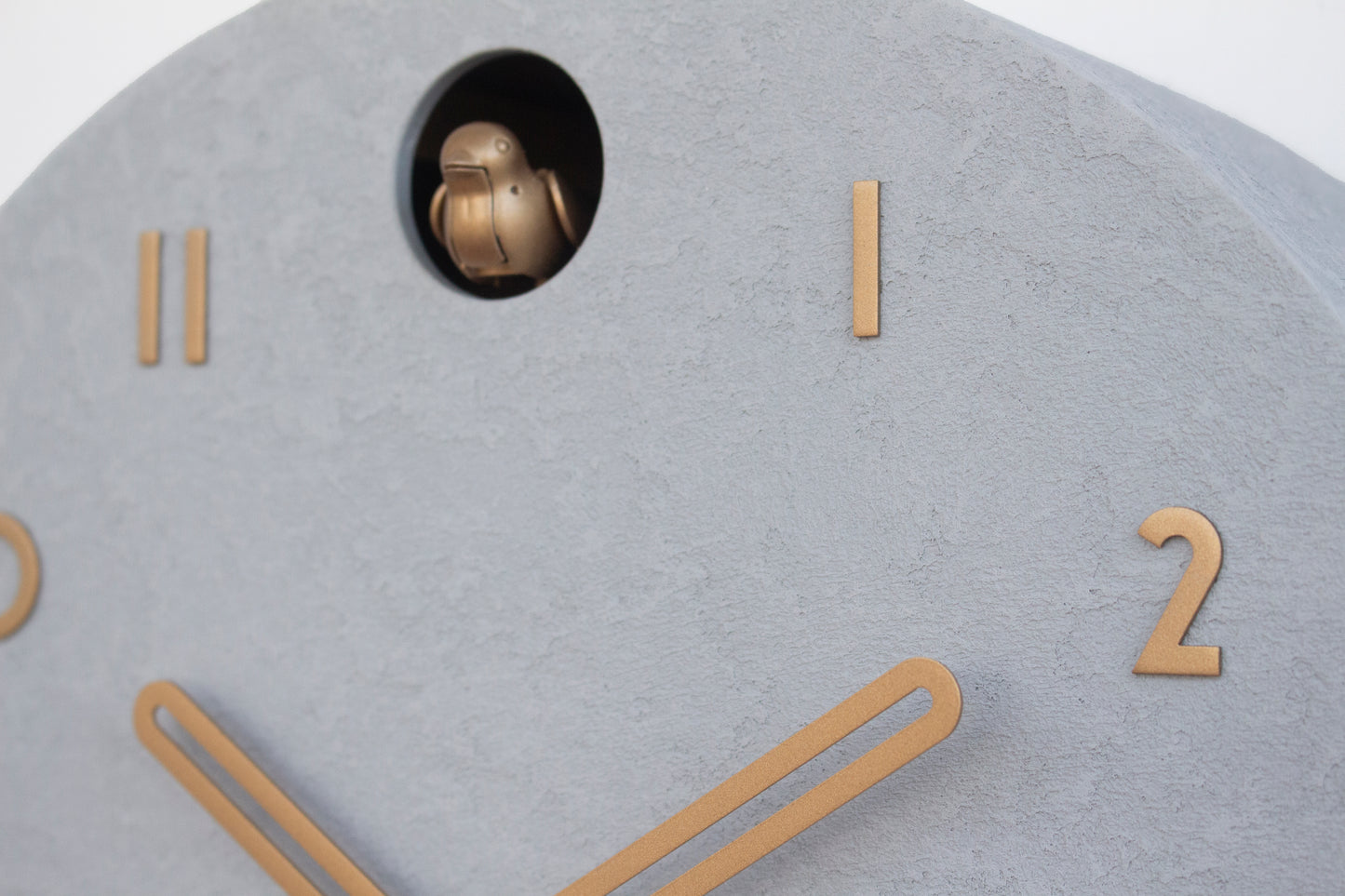 Modern Cuckoo Clock Concrete Look – Minimalist Wall Clock, Brass Details Décor