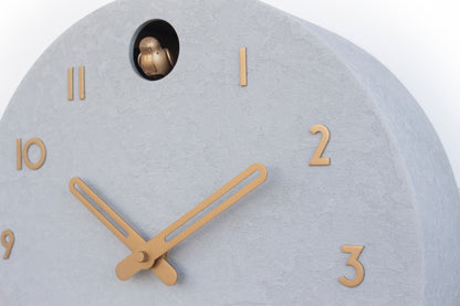 Modern Cuckoo Clock Concrete Look – Minimalist Wall Clock, Brass Details Décor