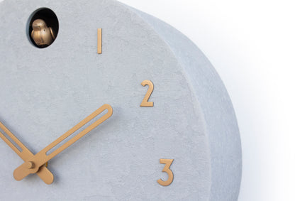Modern Cuckoo Clock Concrete Look – Minimalist Wall Clock, Brass Details Décor