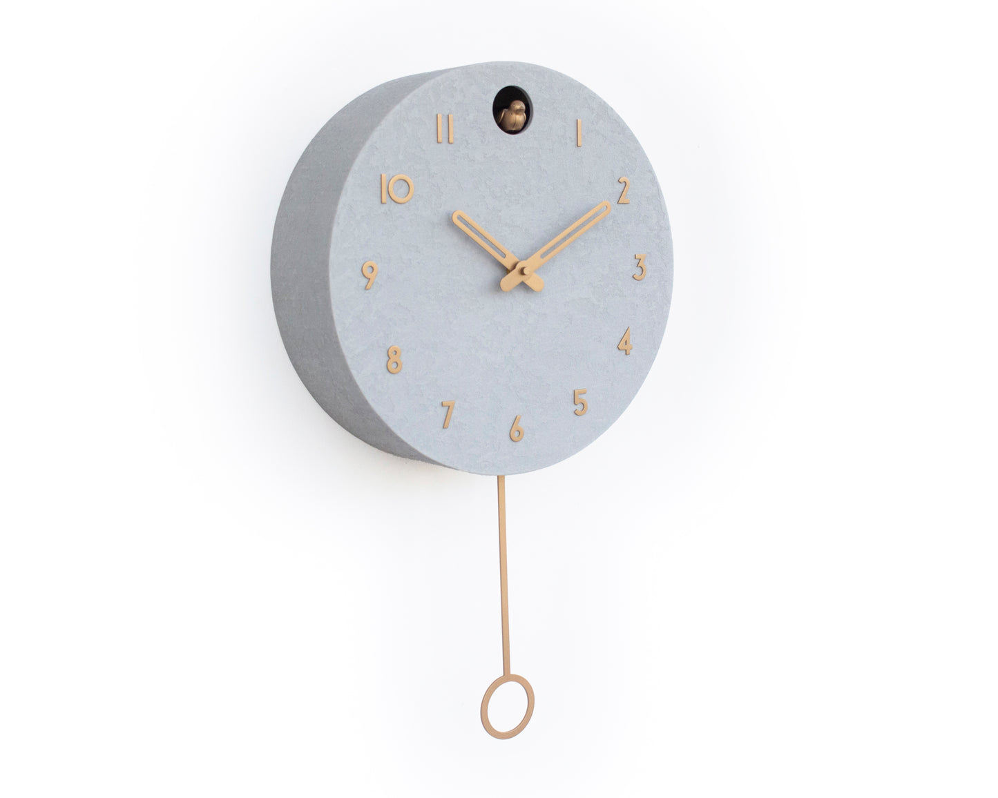 Modern Cuckoo Clock Concrete Look – Minimalist Wall Clock, Brass Details Décor
