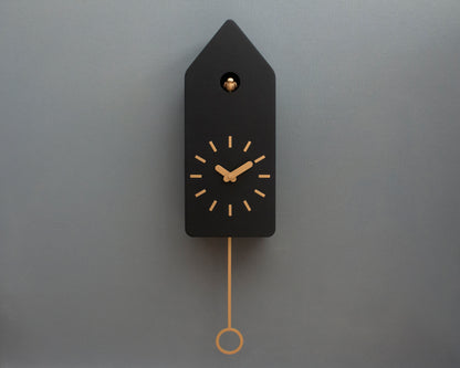 Modern Cuckoo Clock, Minimalist Wooden Wall Clock, Black Scandinavian Decor