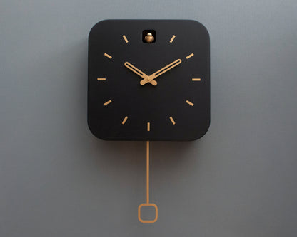 Black & Brass Cuckoo Clock, Contemporary Minimal Wall Decor, Handmade Design