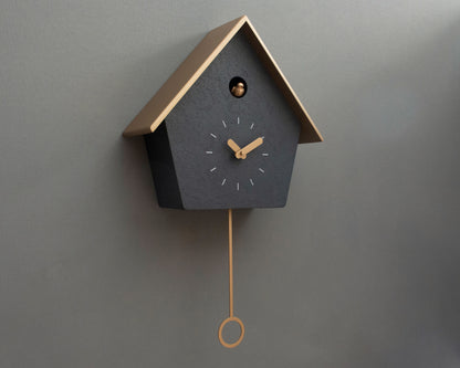Handmade Concrete Coated Cuckoo Clock – Anthracite with Brass Accents