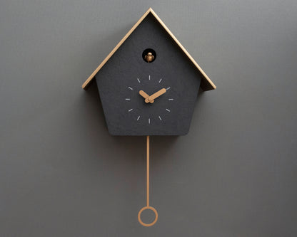 Handmade Concrete Coated Cuckoo Clock – Anthracite with Brass Accents